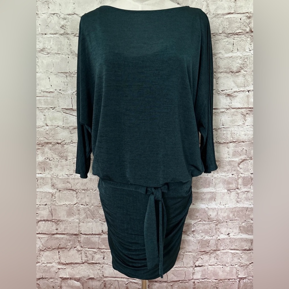 White House Black Market Green Mini Dress 3/4 Dolman Sleeve Knit Stretch Size PL